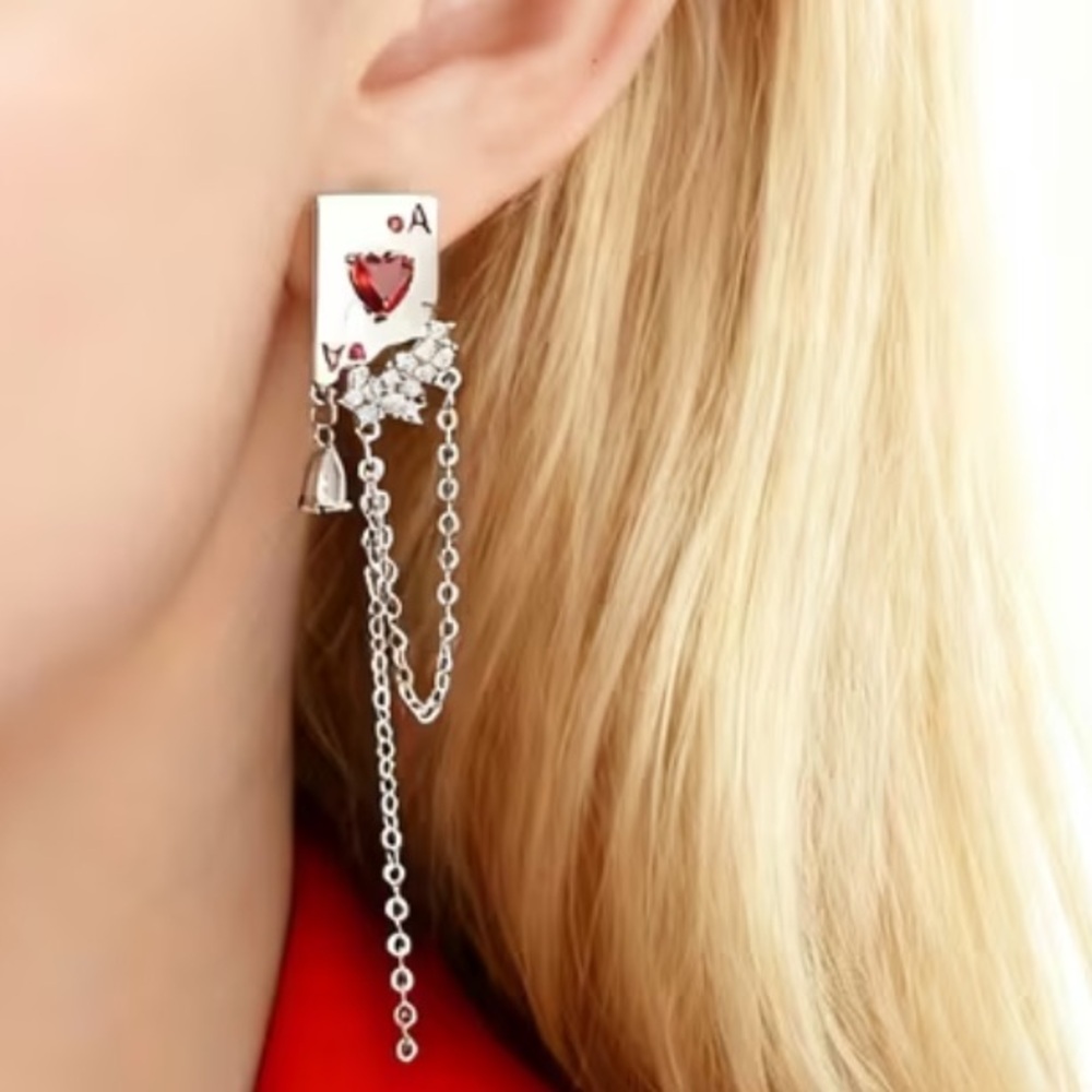 ♥️ Poker Themed Red Rhinestone Hearts & Spade  Charm Dangle Specialty Earrings